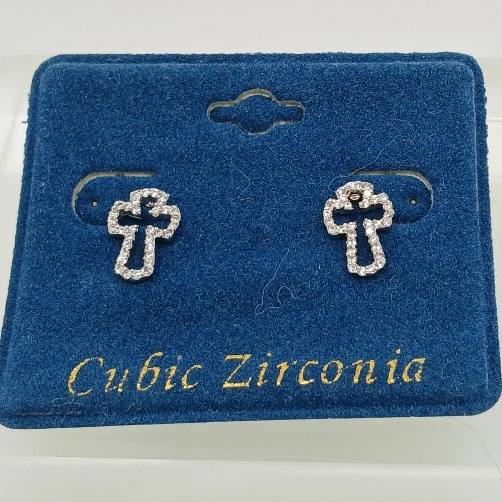 Micro Pave Vintage 1990s Cubic Zirconia Cross Stud Earrings Silver Tone Rare New